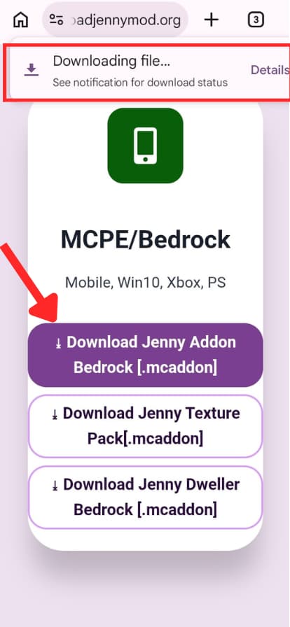 Opening a Jenny Mod Bedrock add-on file on a mobile device