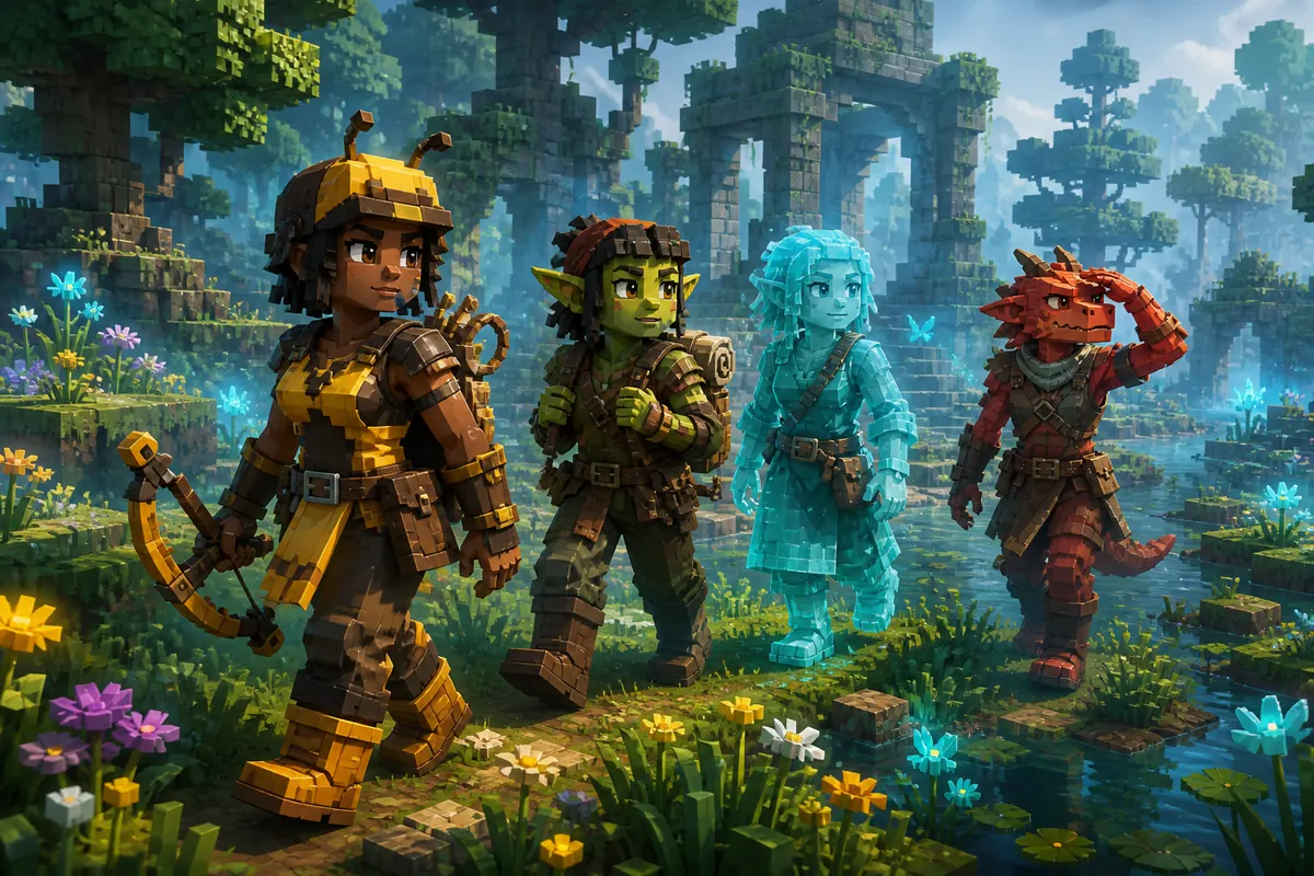 Bee, goblin, slime and kobold-inspired block-style companions exploring ruins