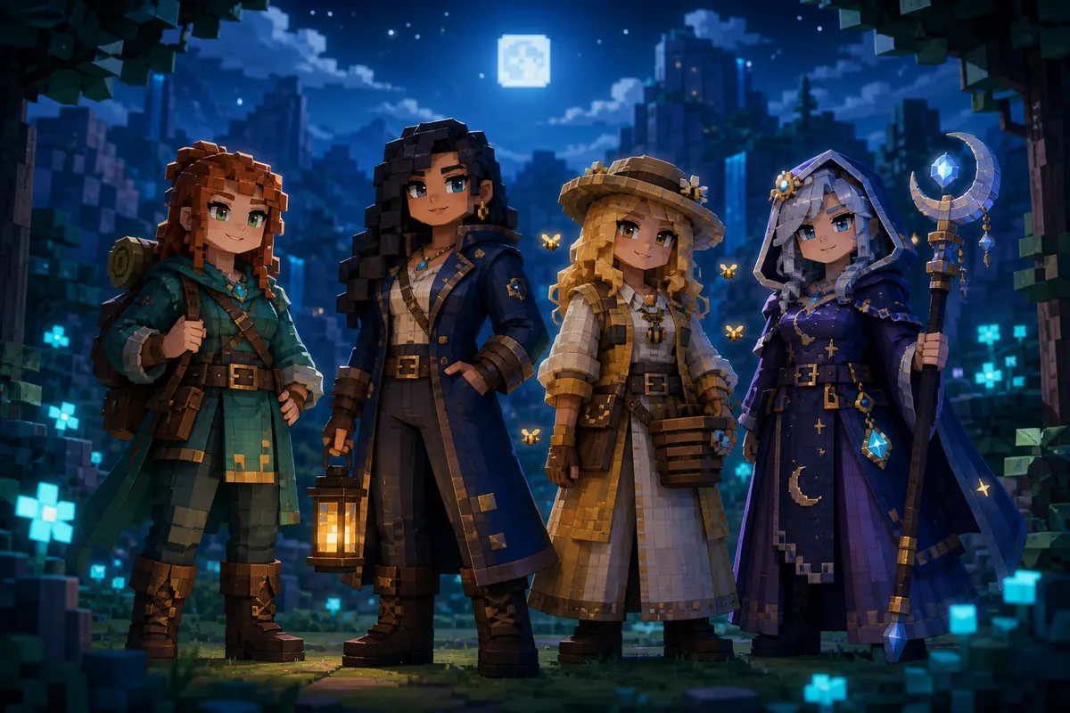 Jenny Mod characters in a moonlit block-style forest