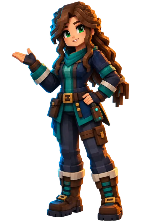 Friendly voxel-style Jenny game companion in a teal and navy adventure outfit