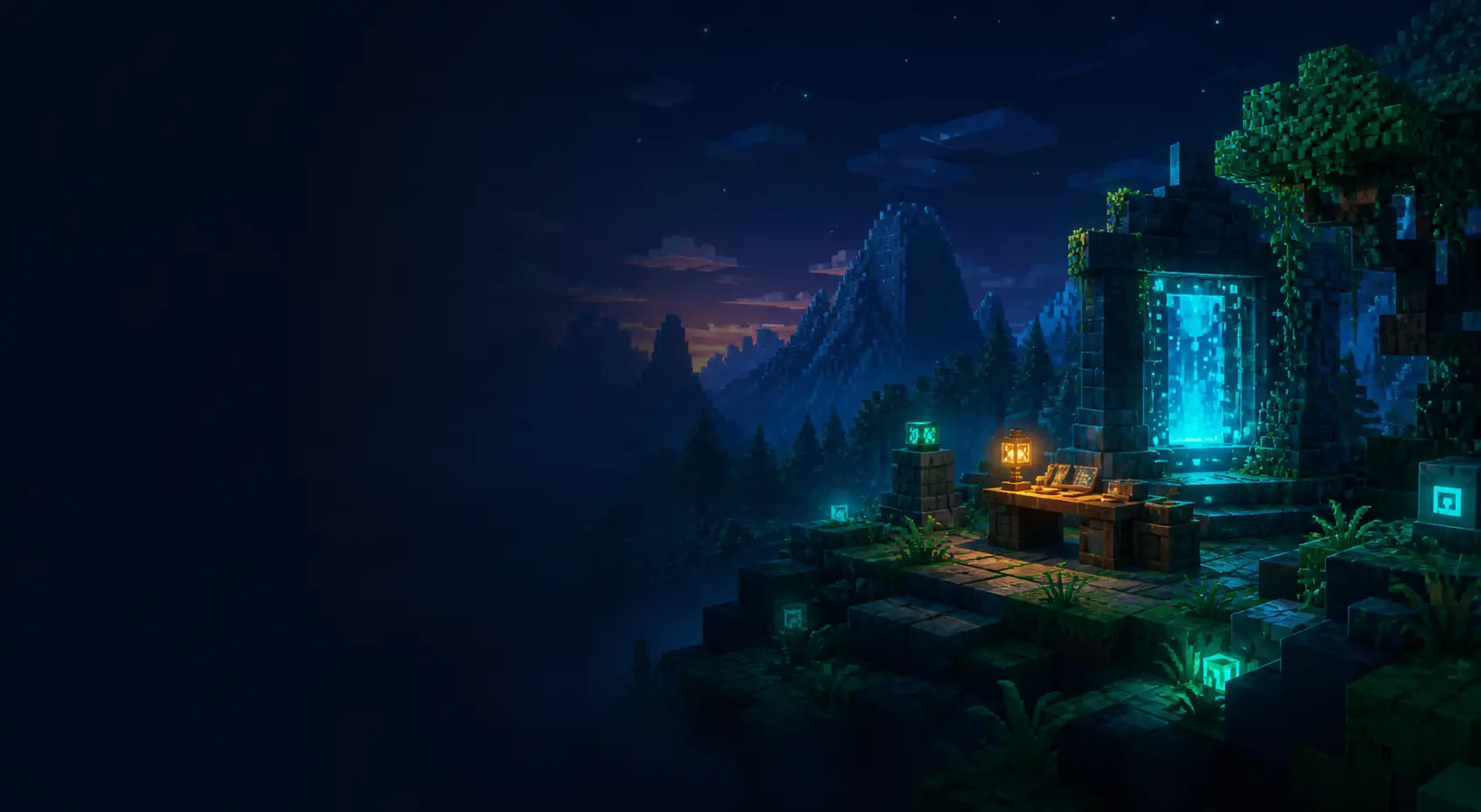 Original voxel landscape with a glowing portal and modding workstation